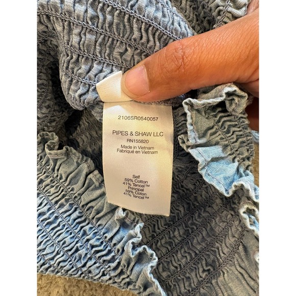 Veronica Beard Chambray Smocked Denim Top Ruffle Neck Puff Sleeve Blouse Women 2 - Picture 7 of 16